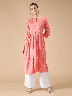 Rayon Floral Foil Printed Anarkali Women Kurti (Peach) 1