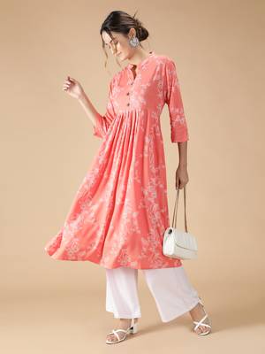 Rayon Floral Foil Printed Anarkali Women Kurti (Peach) 2