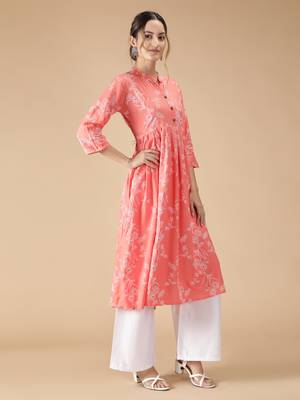 Rayon Floral Foil Printed Anarkali Women Kurti (Peach) 3