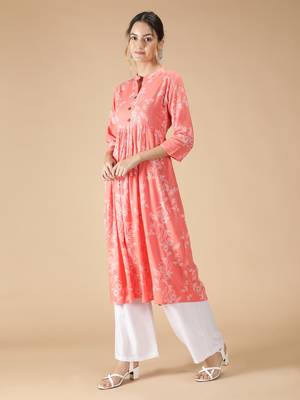 Rayon Floral Foil Printed Anarkali Women Kurti (Peach) 4