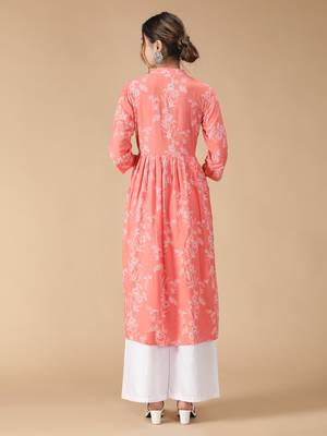 Rayon Floral Foil Printed Anarkali Women Kurti (Peach) 5