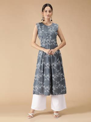 Rayon Anarkali Floral Foil Printed Designer Women Kurti (Grey) 1
