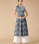 Rayon Anarkali Floral Foil Printed Designer Women Kurti (Grey)