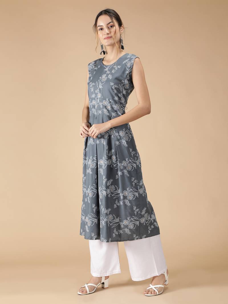 Rayon Anarkali Floral Foil Printed Designer Women Kurti (Grey)