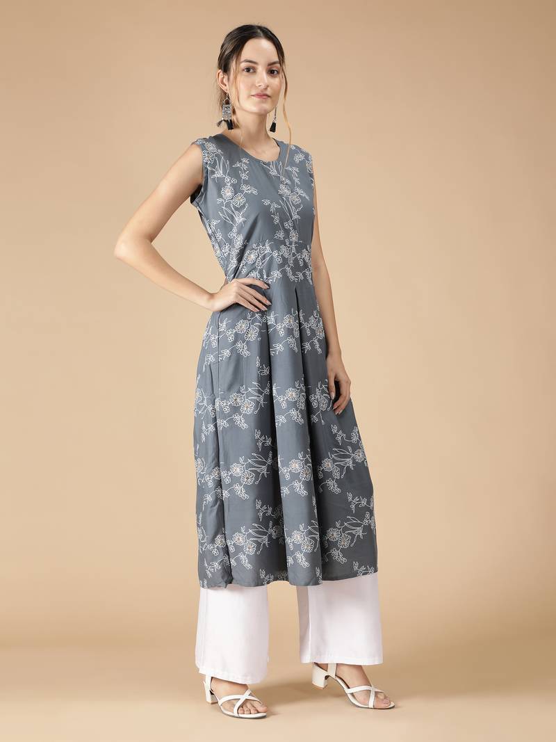 Rayon Anarkali Floral Foil Printed Designer Women Kurti (Grey)