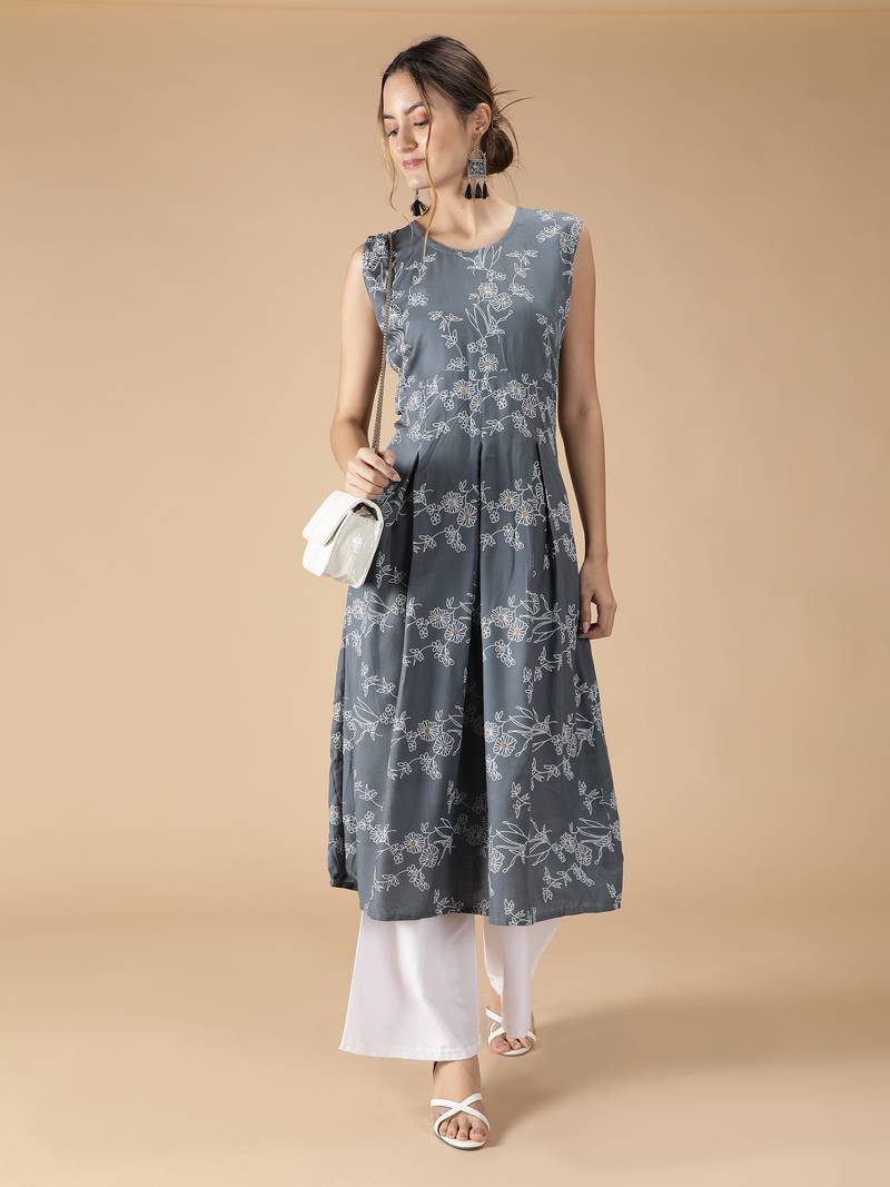 Rayon Anarkali Floral Foil Printed Designer Women Kurti (Grey)