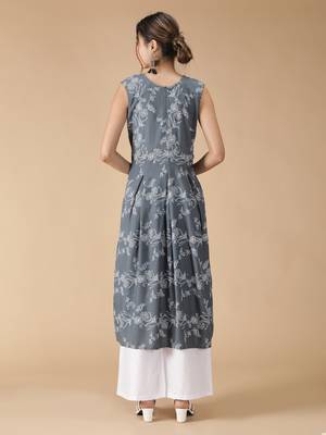 Rayon Anarkali Floral Foil Printed Designer Women Kurti (Grey) 5