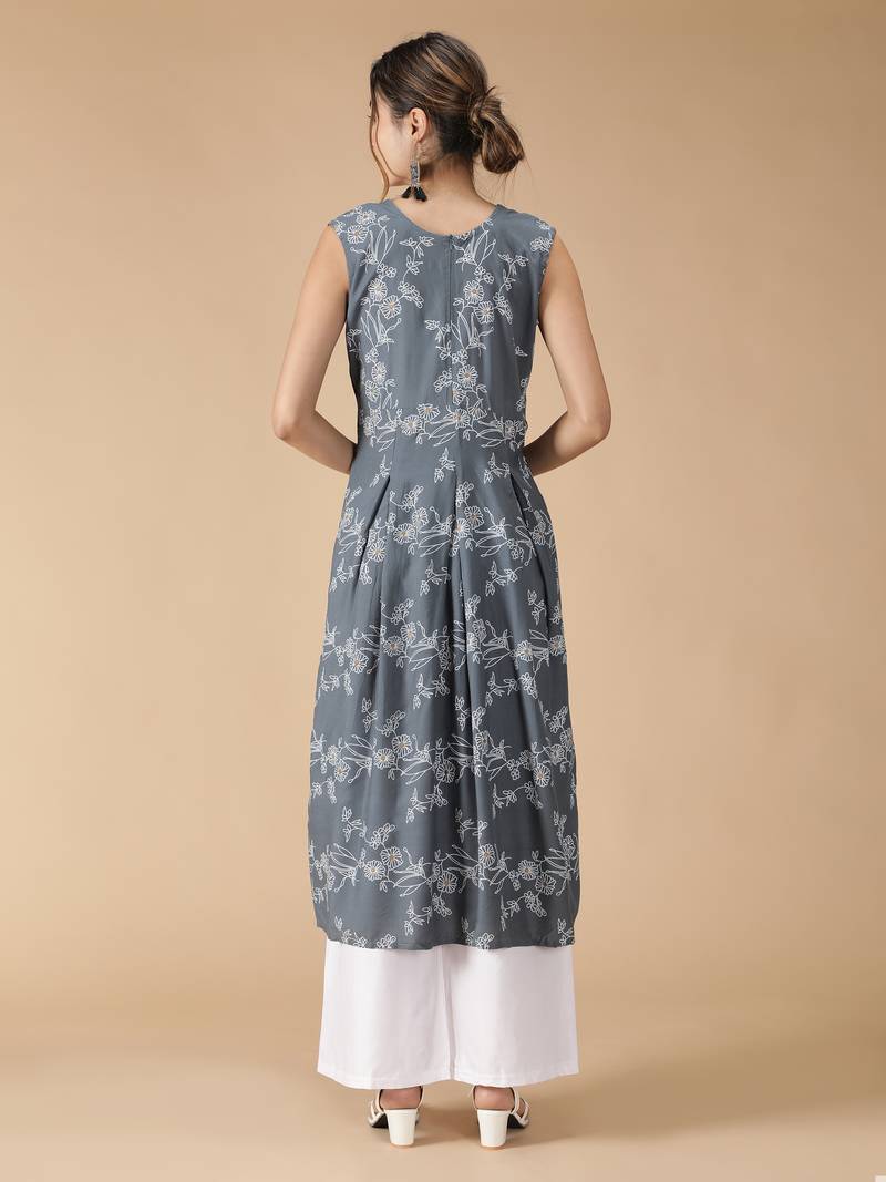 Rayon Anarkali Floral Foil Printed Designer Women Kurti (Grey)