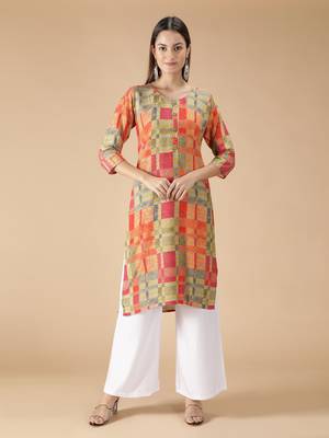 Heavy Rayon Geometric Printed Straight Women Kurti (Multicolor) 1