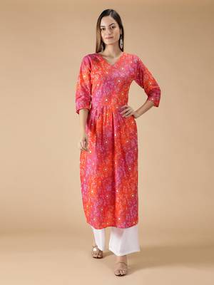 Cotton Bandhani Printed Anarkali Women Kurta (Pink & Orange) 1