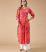 Cotton Bandhani Printed Anarkali Women Kurta (Pink & Orange)