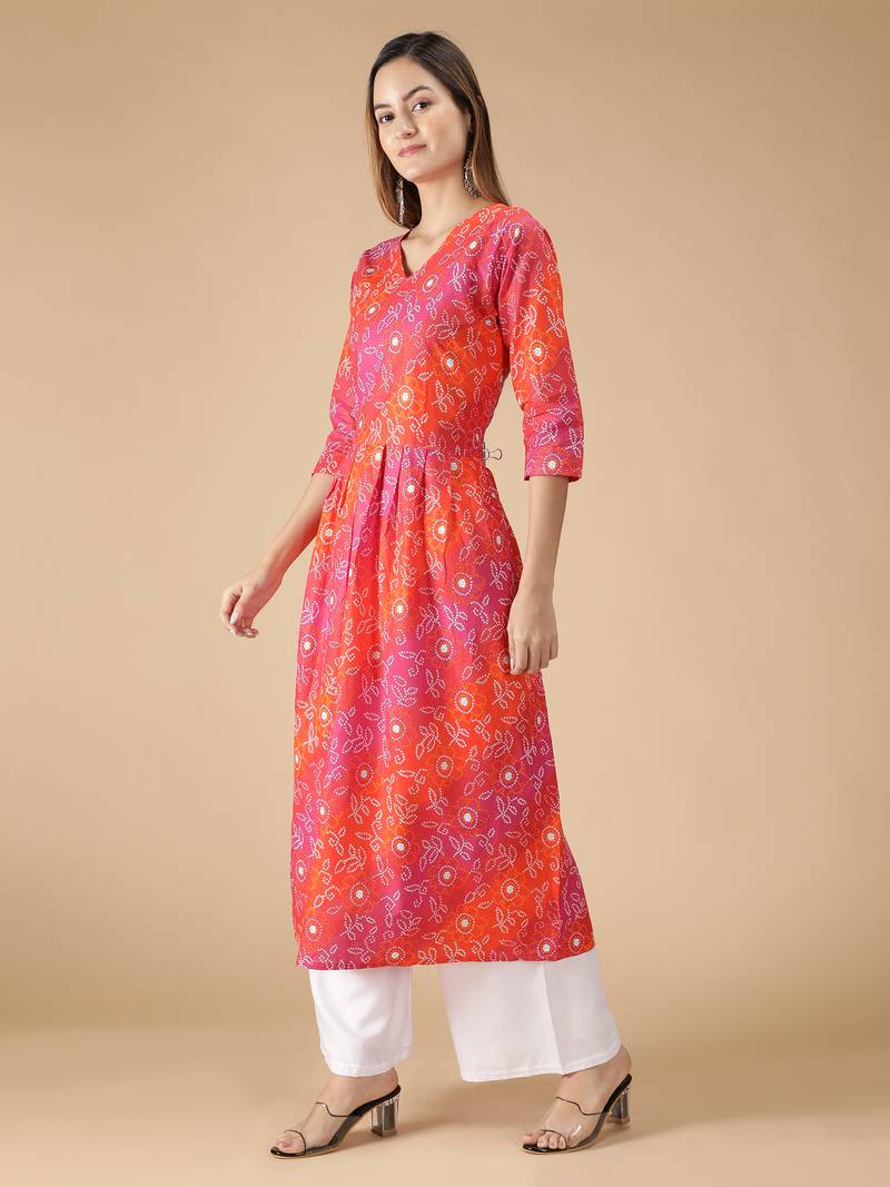 Cotton Bandhani Printed Anarkali Women Kurta (Pink & Orange)