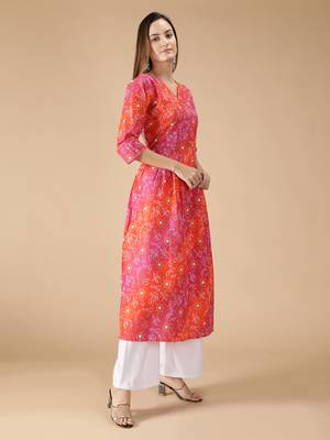 Cotton Bandhani Printed Anarkali Women Kurta (Pink & Orange) 3