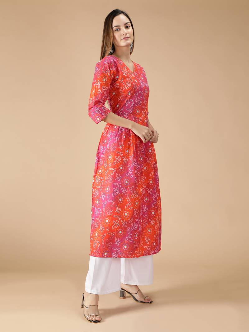 Cotton Bandhani Printed Anarkali Women Kurta (Pink & Orange)