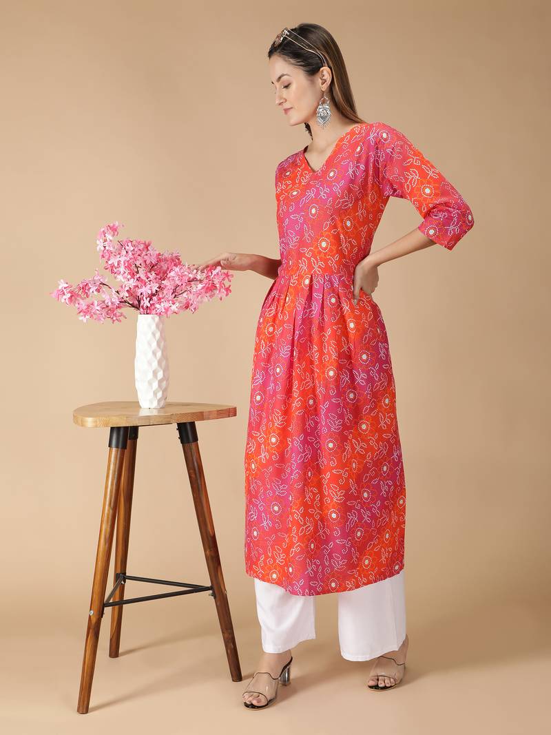 Cotton Bandhani Printed Anarkali Women Kurta (Pink & Orange)