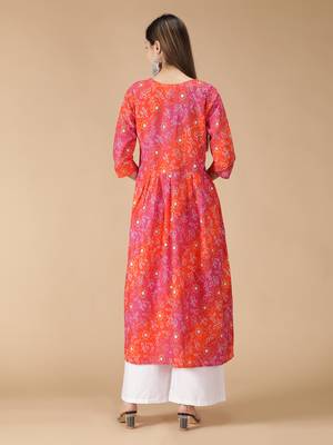 Cotton Bandhani Printed Anarkali Women Kurta (Pink & Orange) 5