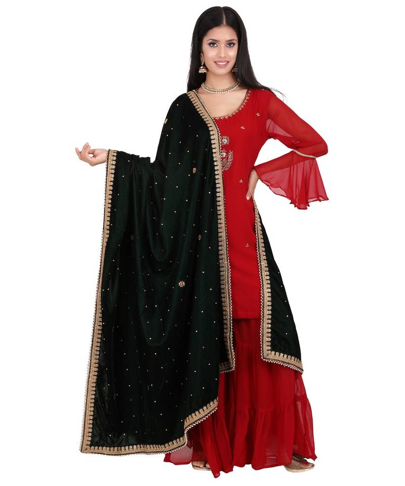 Bottle Green Embellished Dupatta with Beads and Stones main image 1