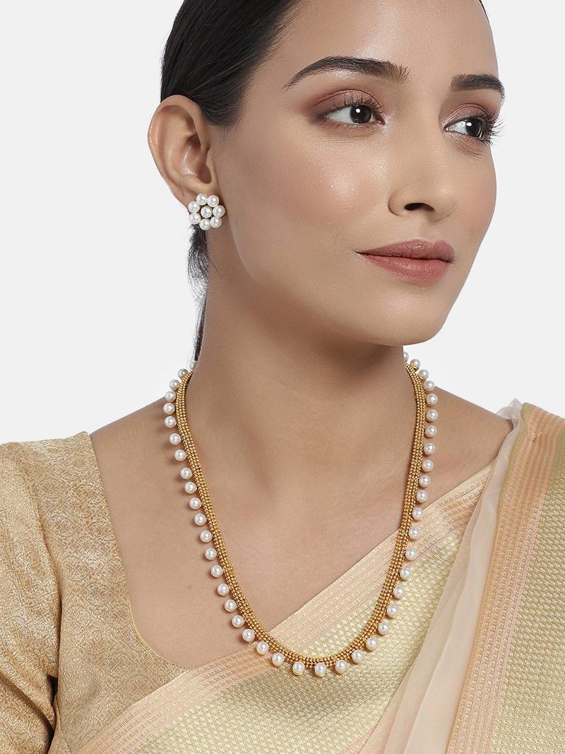 Gold Plated Traditional South Indian Stylish Long Necklace With Earrings For Women & Girls 