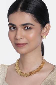 Gold Plated Traditional South Indian Stylish Coin Necklace With Earrings For Women & Girls (MC061FL)