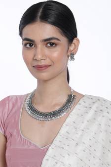 Oxidised Silver Plated Traditional South Indian Stylish Coin Necklace With Earrings For Women & Girls (MC062ZG)