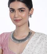 Oxidised Silver Plated Traditional South Indian Stylish Coin Necklace With Earrings For Women & Girls (MC062ZG)