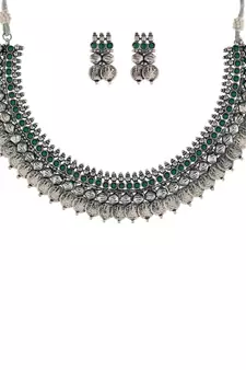 Oxidised Silver Plated Traditional South Indian Stylish Coin Necklace With Earrings For Women & Girls (MC062ZG)
