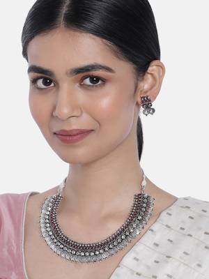 Oxidised Silver Plated Traditional South Indian Stylish Coin Necklace With Earrings For Women & Girls  1