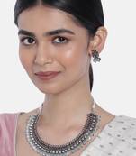 Oxidised Silver Plated Traditional South Indian Stylish Coin Necklace With Earrings For Women & Girls 