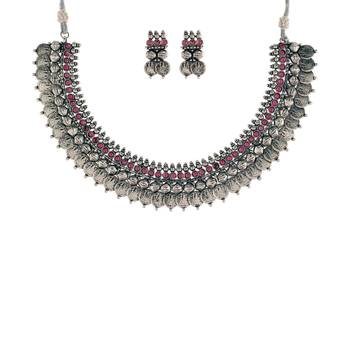 Oxidised Silver Plated Traditional South Indian Stylish Coin Necklace With Earrings For Women & Girls  2
