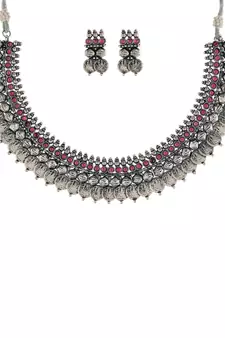 Oxidised Silver Plated Traditional South Indian Stylish Coin Necklace With Earrings For Women & Girls 