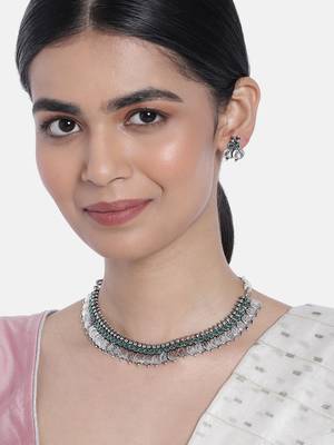 Oxidised Silver Plated Traditional South Indian Stylish Coin Necklace With Earrings For Women & Girls  1