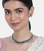 Oxidised Silver Plated Traditional South Indian Stylish Coin Necklace With Earrings For Women & Girls 