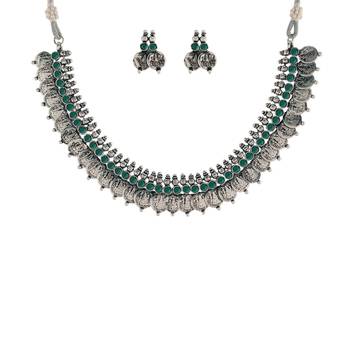 Oxidised Silver Plated Traditional South Indian Stylish Coin Necklace With Earrings For Women & Girls  2