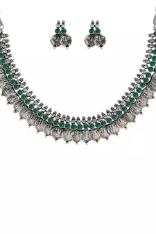 Oxidised Silver Plated Traditional South Indian Stylish Coin Necklace With Earrings For Women & Girls 