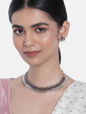 Oxidised Silver Plated Traditional South Indian Stylish Coin Necklace With Earrings For Women & Girls  1