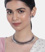 Oxidised Silver Plated Traditional South Indian Stylish Coin Necklace With Earrings For Women & Girls 