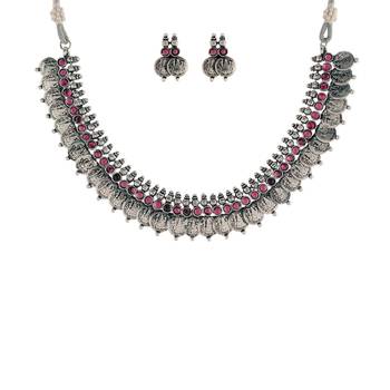 Oxidised Silver Plated Traditional South Indian Stylish Coin Necklace With Earrings For Women & Girls  2