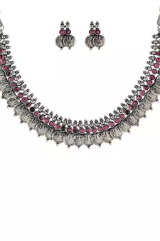 Oxidised Silver Plated Traditional South Indian Stylish Coin Necklace With Earrings For Women & Girls 