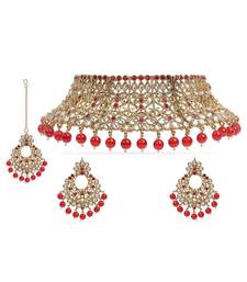 Traditional Gold Plated Kundan & Beads Choker Necklace Jewellery Set with Maang Tiika for Women 