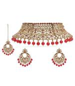 Traditional Gold Plated Kundan & Beads Choker Necklace Jewellery Set with Maang Tiika for Women 