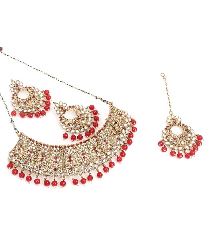 Traditional Gold Plated Kundan & Beads Choker Necklace Jewellery Set with Maang Tiika for Women 