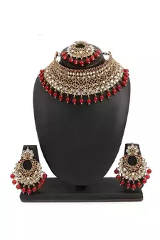Traditional Gold Plated Kundan & Beads Choker Necklace Jewellery Set with Maang Tiika for Women 