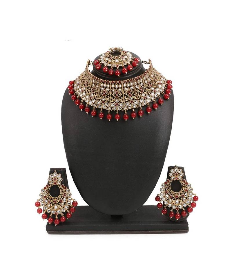 Traditional Gold Plated Kundan & Beads Choker Necklace Jewellery Set with Maang Tiika for Women 