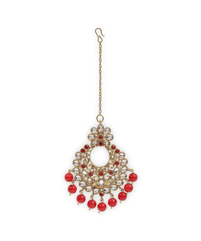 Traditional Gold Plated Kundan & Beads Choker Necklace Jewellery Set with Maang Tiika for Women 