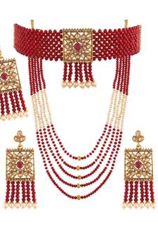 Gold Plated Traditional Onyx Crystal Beads with Kundan Pearl Choker Necklace Jewellery Set for Women (ML260M)
