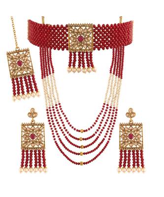 Gold Plated Traditional Onyx Crystal Beads with Kundan Pearl Choker Necklace Jewellery Set for Women  1