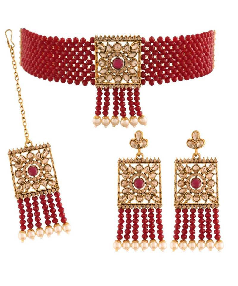 Gold Plated Traditional Onyx Crystal Beads with Kundan Pearl Choker Necklace Jewellery Set for Women 