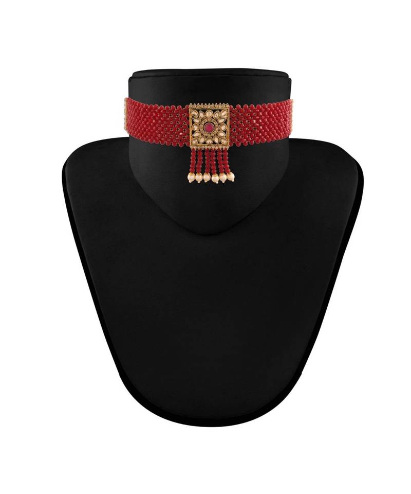 Gold Plated Traditional Onyx Crystal Beads with Kundan Pearl Choker Necklace Jewellery Set for Women 