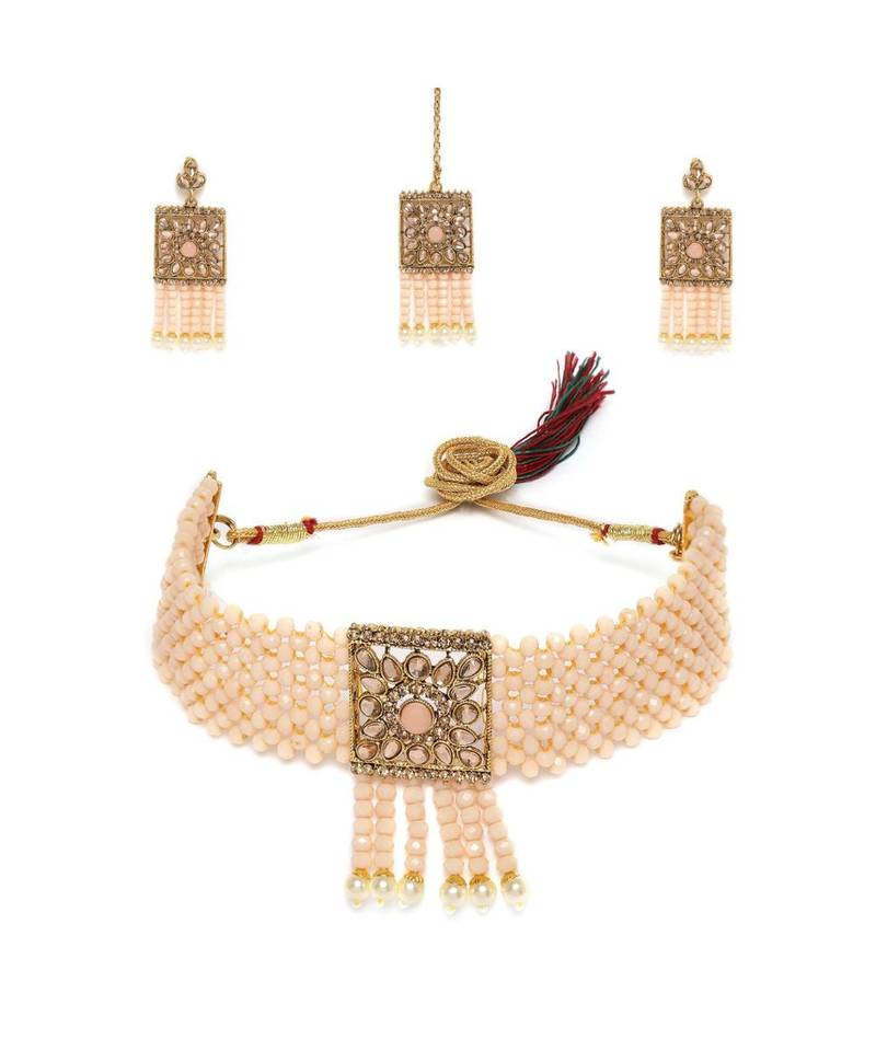Traditional Onyx Crystal Beads with Kundan Pearl Choker Necklace Jewellery Set for Women 
