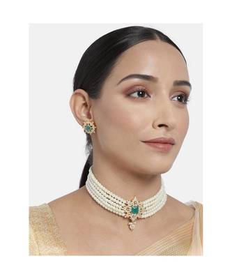 Gold Plated Traditional CZ Crystal with Pearl Choker Necklace Jewellery Set for WomenGirls (ML261G) 1